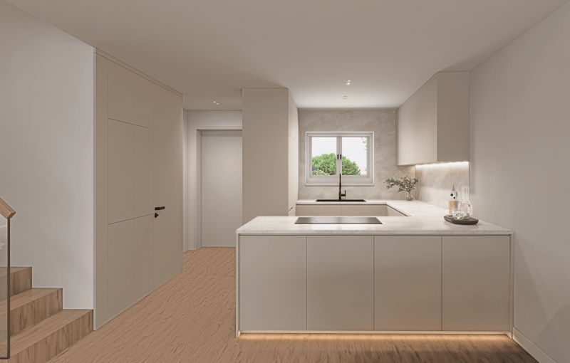 modern kitchen with white cabinets, marble countertop, stainless steel sink, faucet, window, wooden floor, wooden staircase