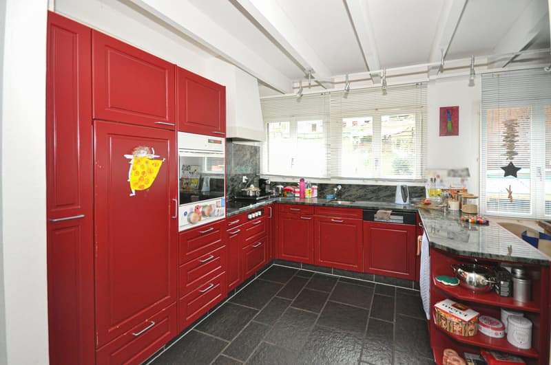 Modern kitchen with dark tiled flooring, white ceiling, granite countertops, red cupboards and stainless steel appliances