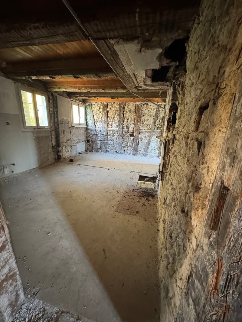 Unfinished basement room, stone walls, wooden beams, exposed piping, concrete floor
