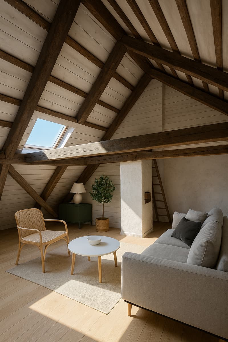 high ceiling, wooden beams, exposed brick wall, skylight, sofa, table, chair, lamp, plant