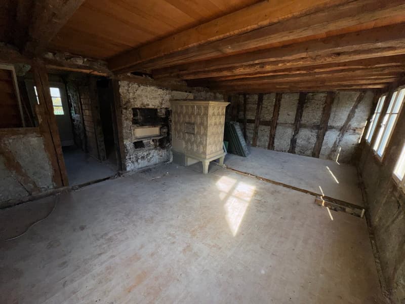wooden beams, stone walls, wooden floor, fireplace, windows