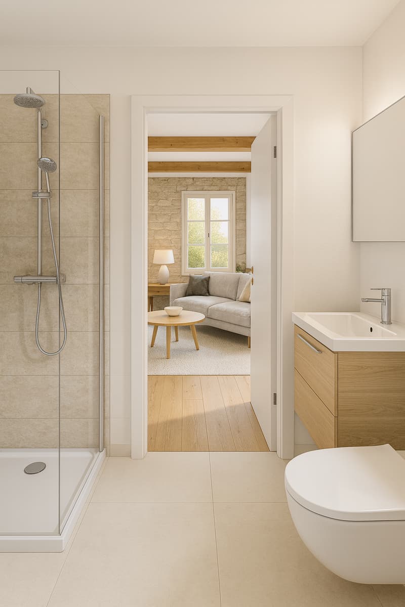 Modern bathroom, walk-in shower, toilet, sink, white tiled floor, gray couch in the background, wooden floor.