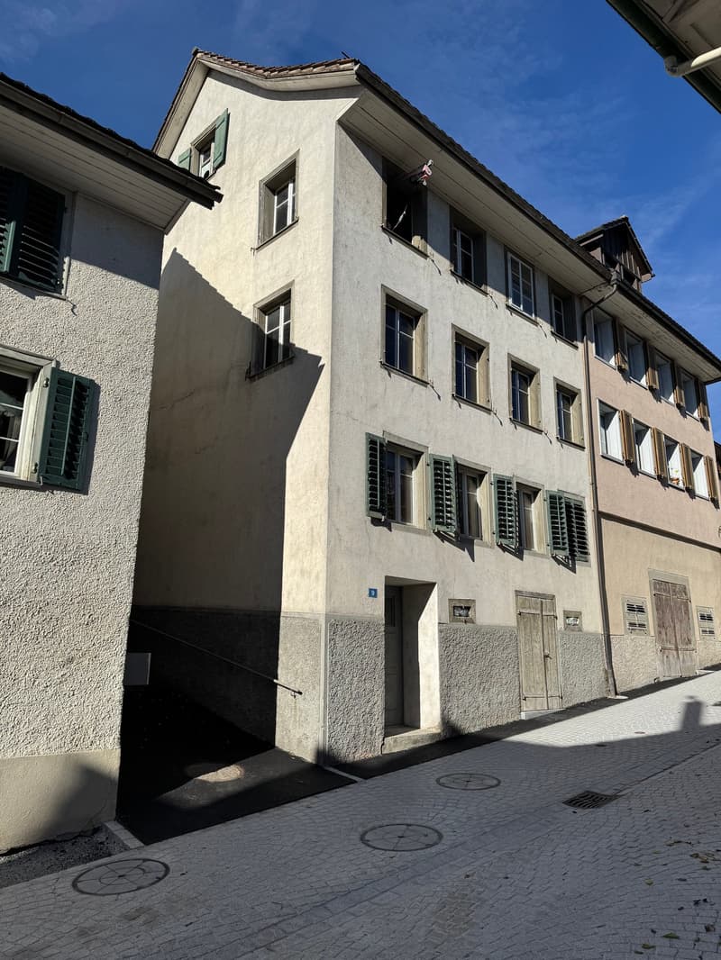 Concrete building with multiple windows and green shutters, street entrance, paved street.