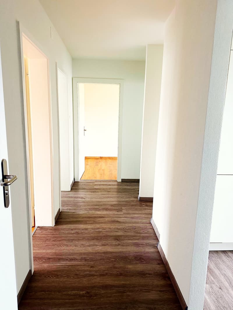 Empty hallway with wooden floors and white walls, doors on both sides