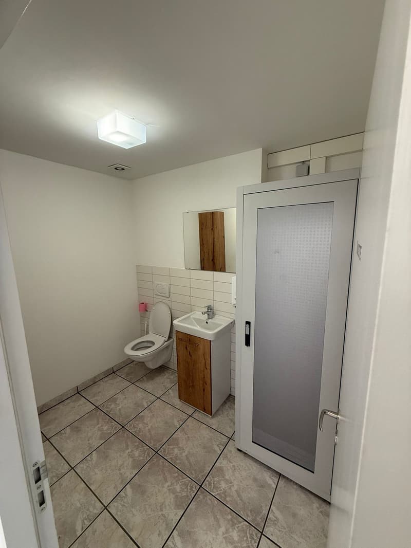 Tiled floor, White sink, Modern white toilet, Wooden cabinet, Mirror, White door, Light fixture on ceiling
