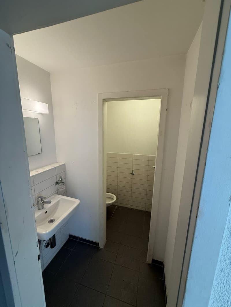 bathroom with sink, mirror, toilet and door