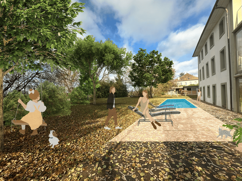 The image shows an outdoor area with a swimming pool surrounded by trees and greenery. There are two silhouette figures standing near the pool, and some decorative silhouette figures on the ground. The area appears to be part of a larger building or prope