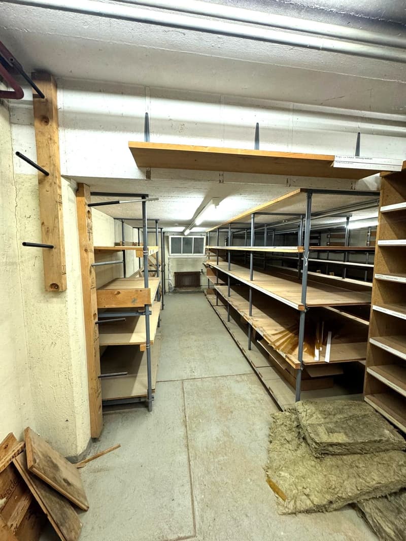 Empty basement with wooden shelves, concrete floor, and scattered items