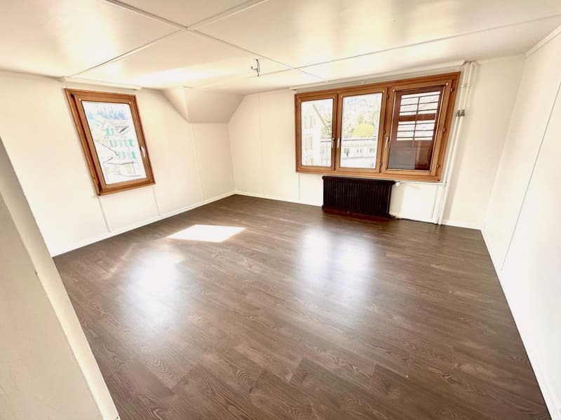 empty room, wooden floor, two windows, wooden window frames, white walls, central heating