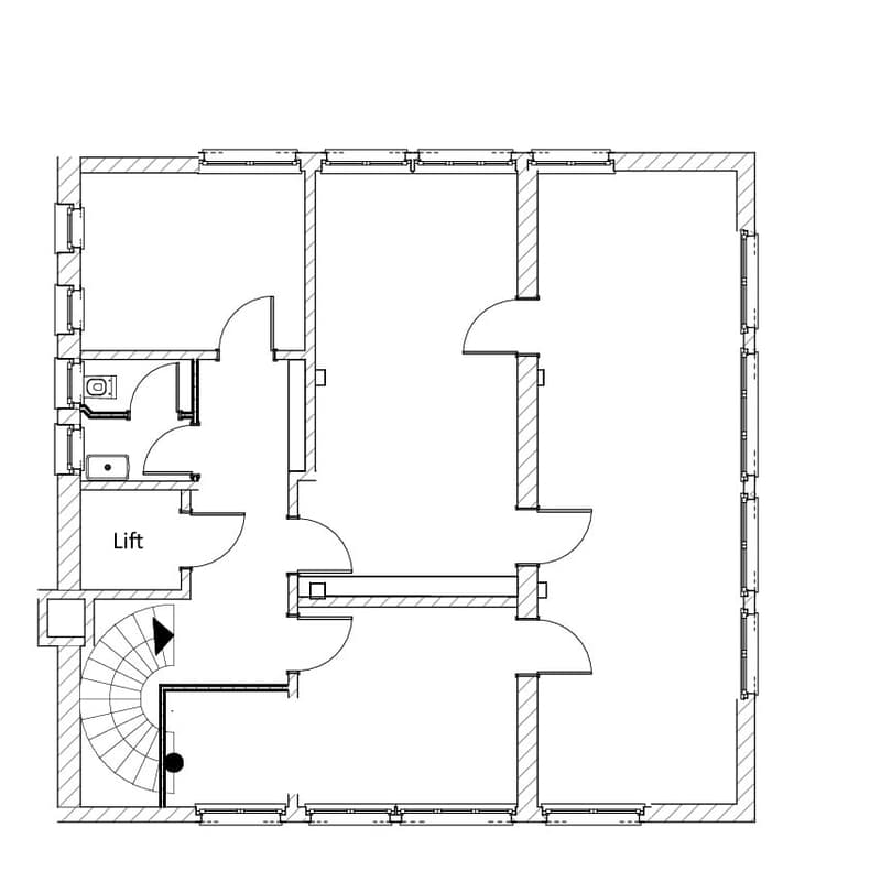 living room, kitchen, 2 bedrooms, 2 bathrooms, lift, stairs