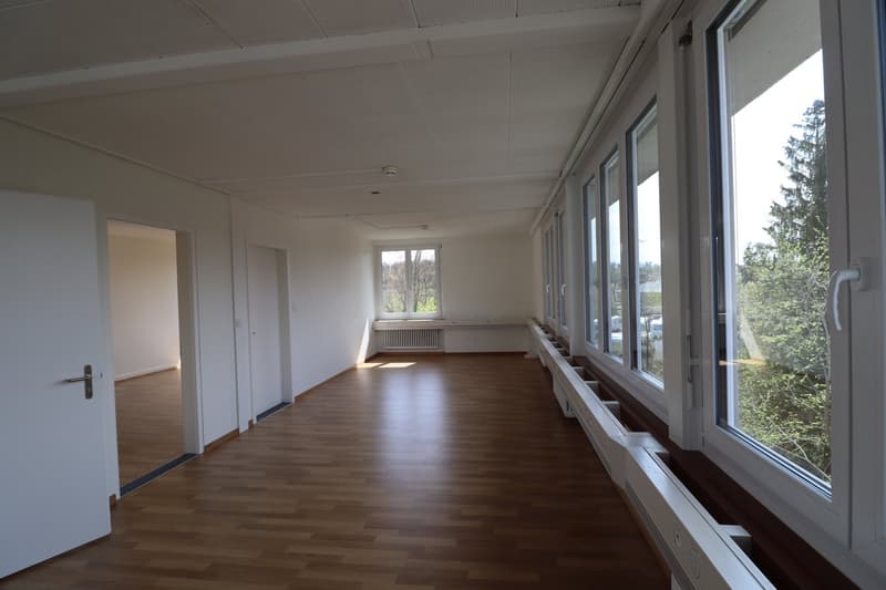 open hallway with large windows, wooden floor, white walls