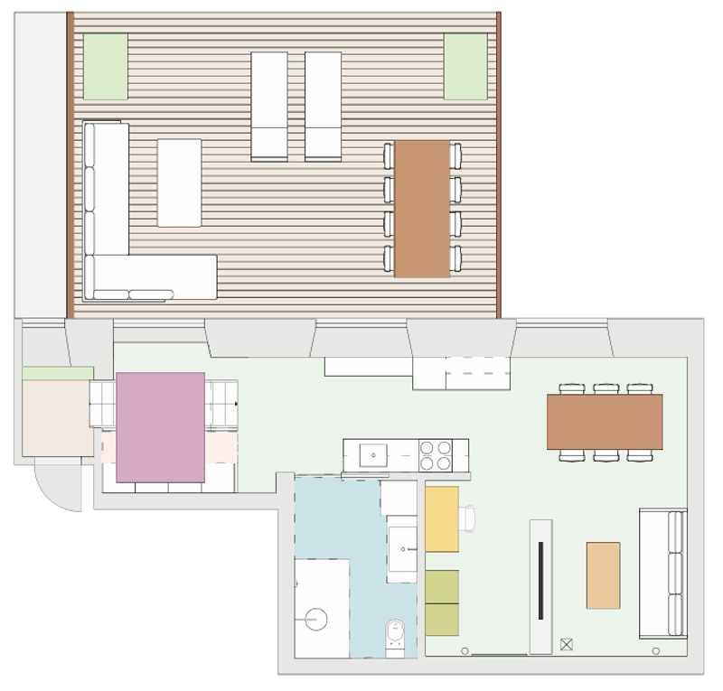 top floor living room, kitchen, 2 bedrooms, balcony, raised ground floor, bathroom, utility room, entrance