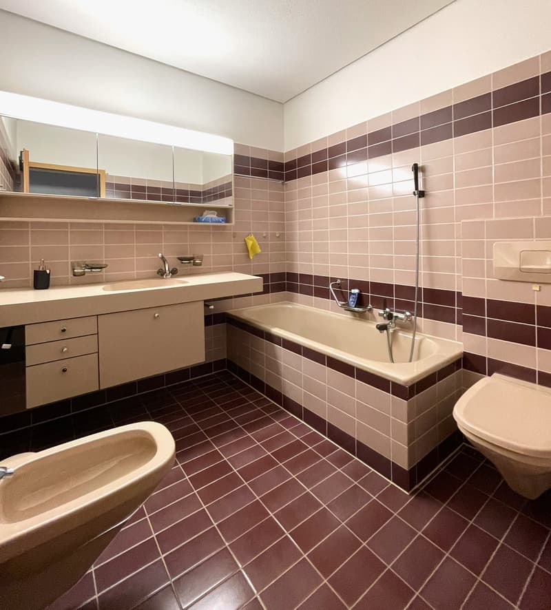 Large bathroom with brown and beige tile walls, a bathtub, a shower, a vanity with a sink, and shelving above the vanity.