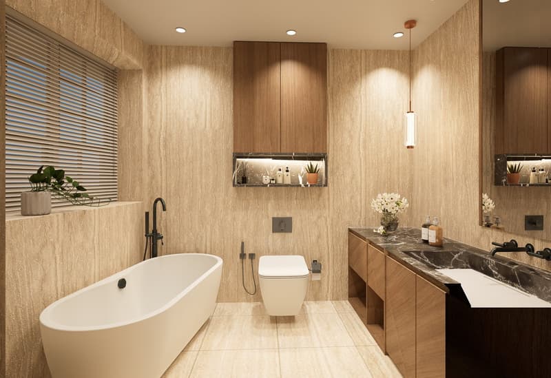 modern bathroom with bathtub, toilet, double sink, wooden cabinets, marble countertop, wall-mounted shelves, potted plants, and a window with blinds