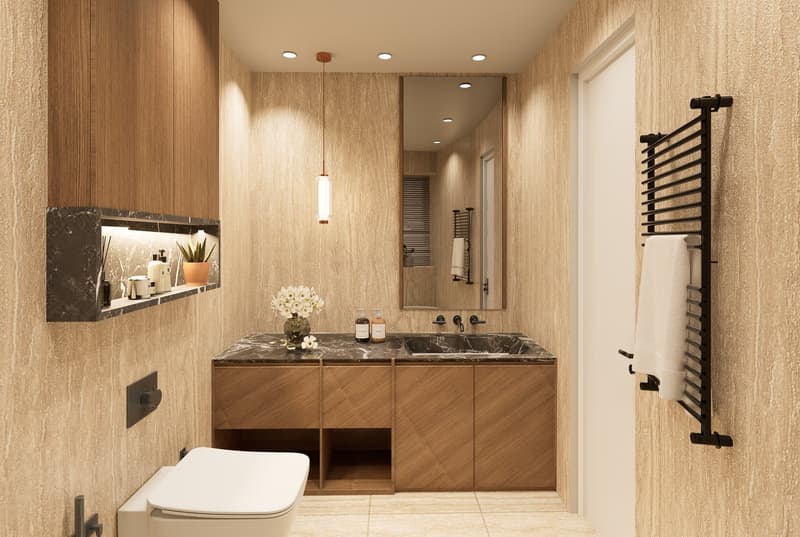modern bathroom with wooden cabinets, marble countertop, large mirror, white toilet, towel rack, pendant light