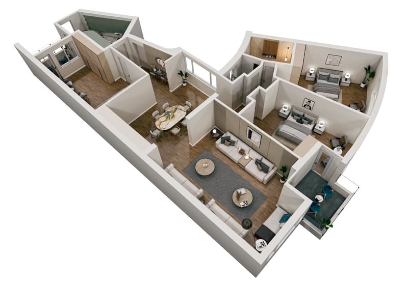 3 bedrooms, 2 bathrooms, living room, dining room, kitchen, balcony