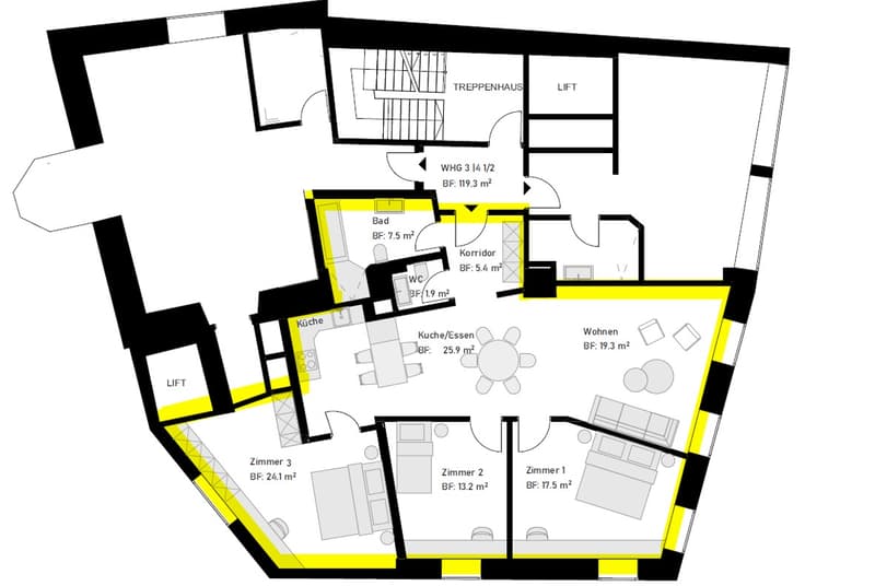 3 rooms, kitchen/eating area, bathroom, storage room, hallway, staircase, lift