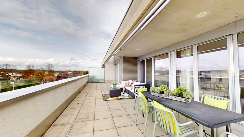 large balcony, white couch, table, chairs, plants, outdoor table, large windows, city view