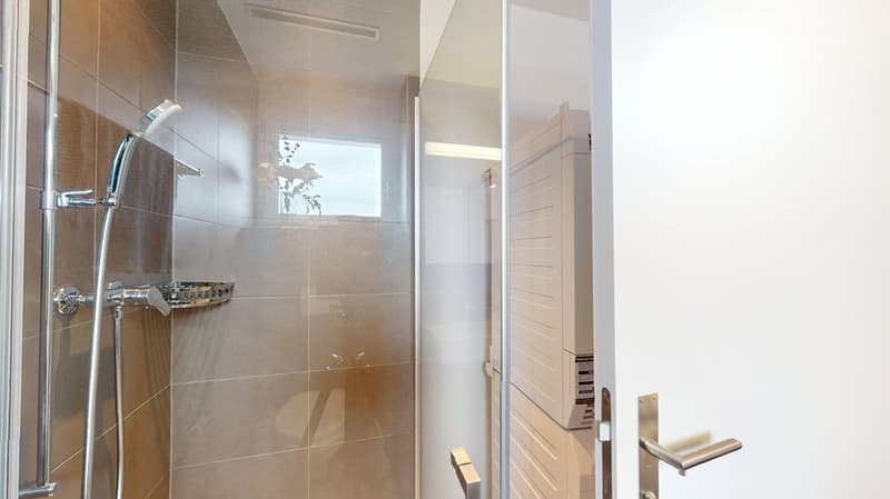 modern shower, glass shower door, white radiator, small window