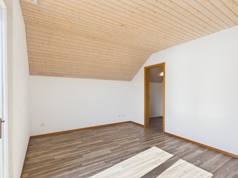empty room, wooden floor, white walls, wooden ceiling, power outlets, door