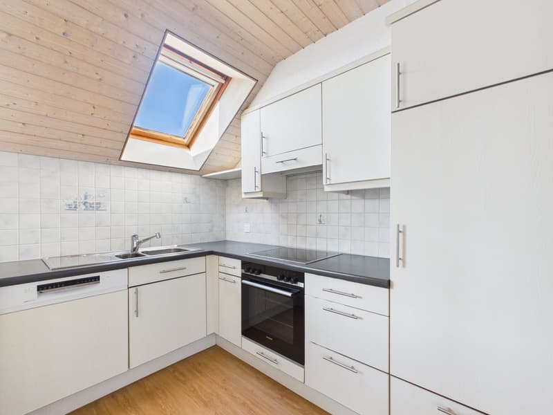 modern kitchen with white cabinets, wooden floor, black countertops, stainless steel sink, dishwasher, electric stove, oven, skylight