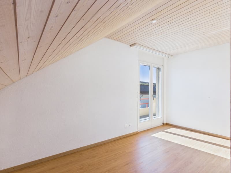 empty room, wooden floor, white walls, glass door, balcony, view