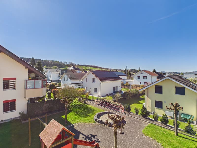 Aerial view of a neighborhood with several houses, a playground, and a garden.