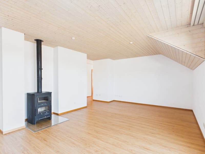 empty room, wooden floor, white walls, wooden ceiling, fireplace