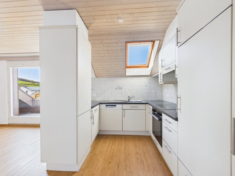 modern kitchen with white cabinets, wooden floor, skylight, dishwasher, sink, oven