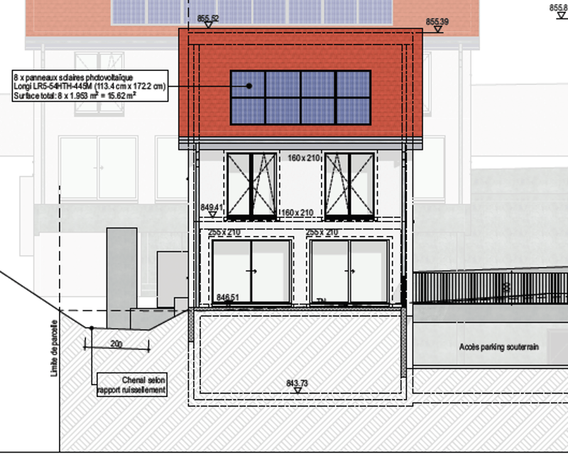 3 floors: ground floor with photovoltaic windows, first floor with windows and doors, second floor with balcony, basement parking
