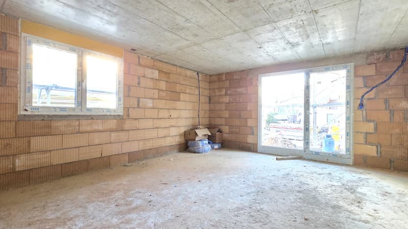 empty room, brick walls, two windows, sliding door, unfinished floor