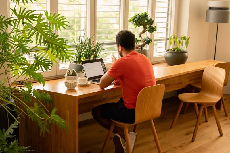 Cozy home office with large windows overlooking greenery, wooden desk, laptop, potted plants, and a bonsai tree