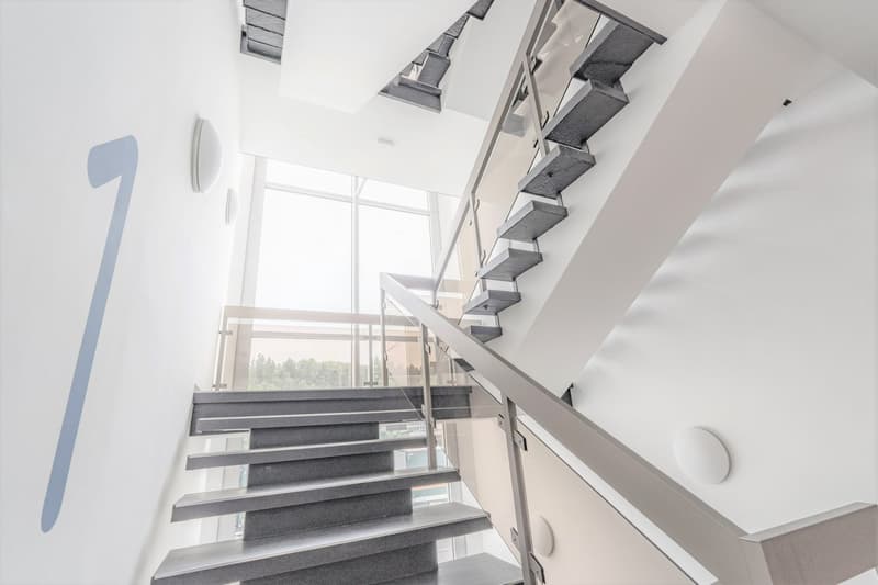 gray staircase, glass railing, modern design