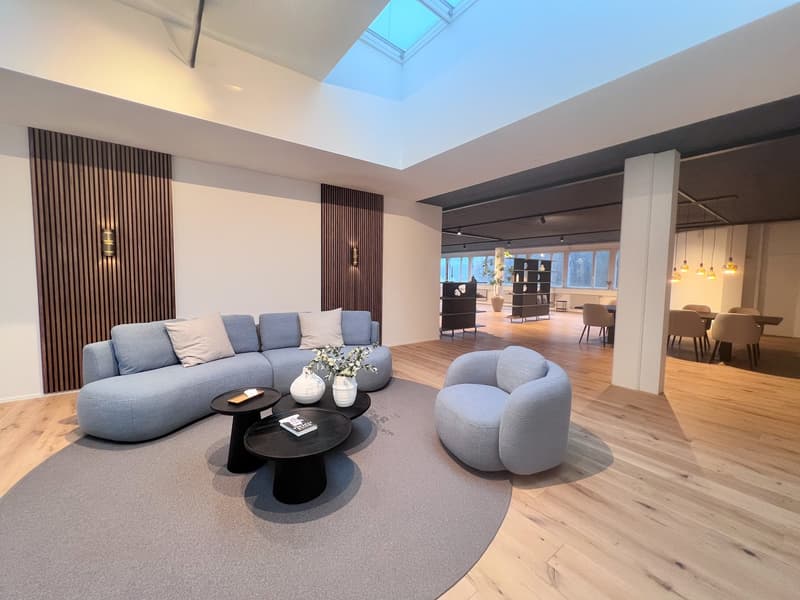 Spacious living room with large windows, grey sofa and armchairs, black coffee table, wooden flooring, and a skylight providing natural light.