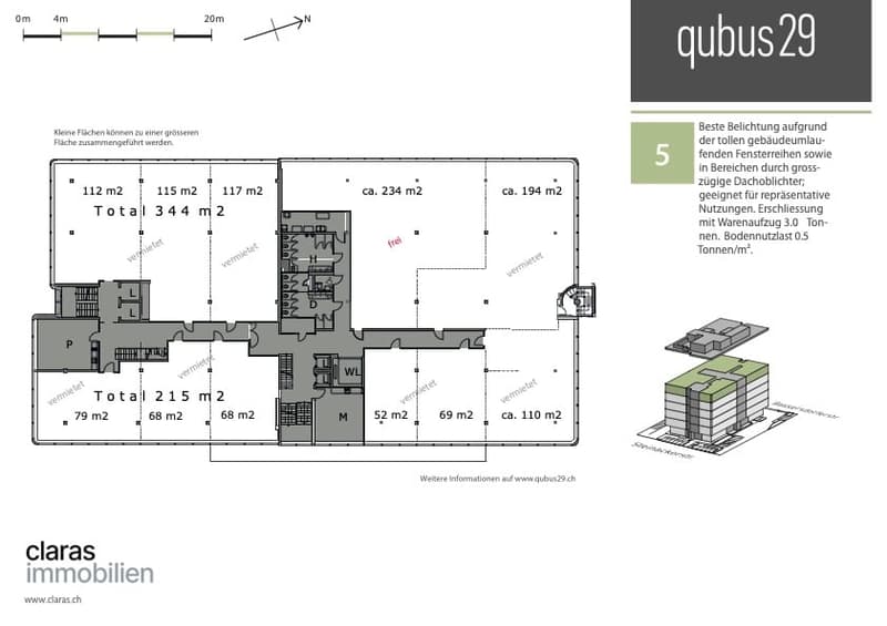 The image shows the floor plan of a building. It consists of a total area of 344 m2 on the ground floor, including a living room, kitchen, 2 bedrooms, and 2 bathrooms. The upper floor has a total area of 215 m2, with a living room, kitchen, 2 bedrooms, an