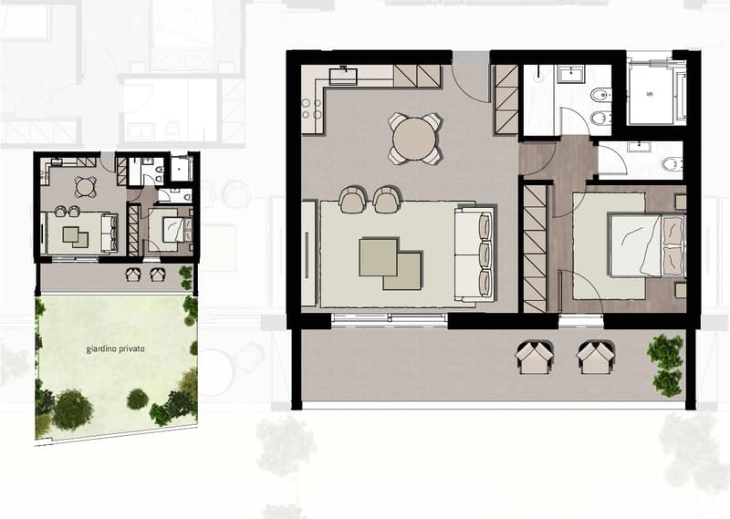 The floor plan shows a 2-bedroom apartment with an open-concept living room, kitchen, and dining area. It also includes a private garden or terrace, and a parking space.
