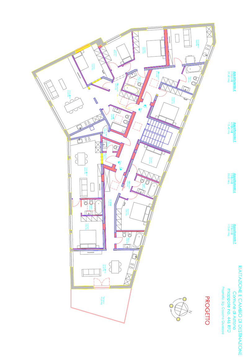 The floor plan shows multiple rooms, including a living room, kitchen, bedrooms, and bathrooms. There is also a balcony or terrace visible.