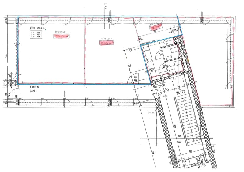 The image shows a floor plan with a rectangular layout. It includes a 'Büro' (office) space, a 'Kisto' (storage) space, and a 'Lotto' (lottery) space. The plan also indicates a parking place.