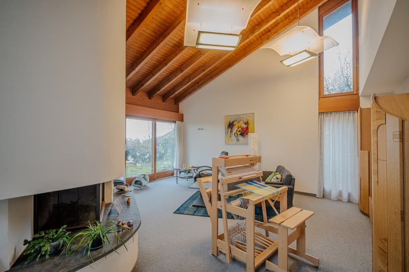 living room with fireplace, wooden ceiling, large windows, wooden loom, couch, rug, plants