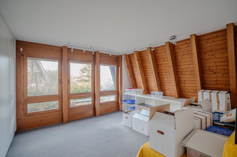 empty room, wooden walls, large windows, storage boxes, carpeted floor