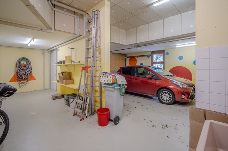 A car parked in the garage, a ladder, a trash bin, a red bucket, a shelf with storage boxes, a bicycle, and a sink.