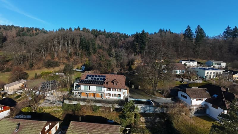 Detached house with solar panels, several houses around, pool, forest