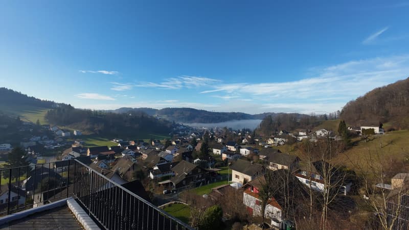 aerial view, valley, houses, hills, blue sky, clouds