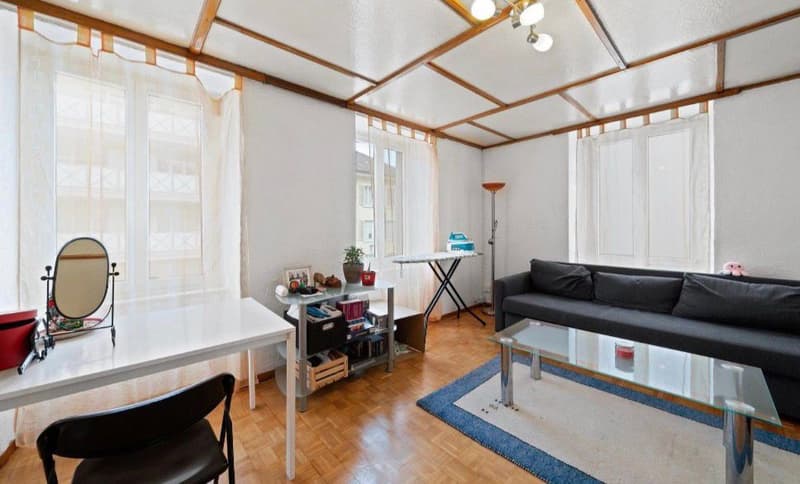living room with couch, desk, chair, table, rug, lamp, mirror, potted plant, books, storage boxes, ironing board