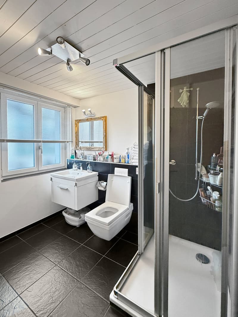 modern bathroom with white sink, white toilet, glass shower, black tiles, mirror, window with blinds