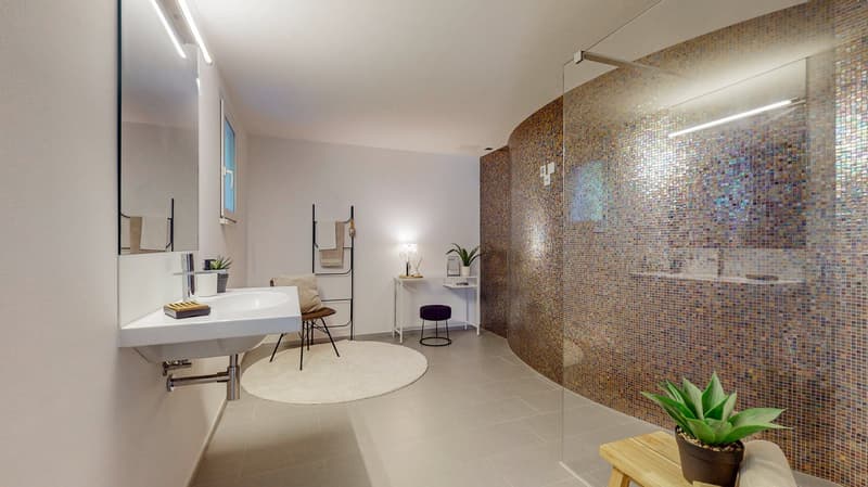 Tiled floor, large mirror, white sink, tiled shower wall, round rug, chair, table, potted plants
