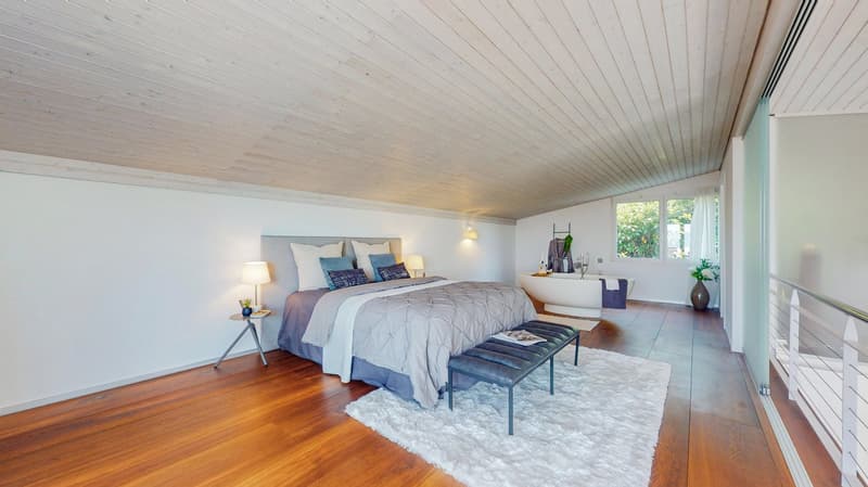master bedroom, large bed, modern decor, wooden floor, large windows with terrace access, walk-in closet
