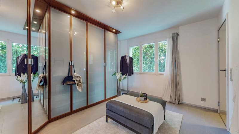 wardrobe, sofa, windows, plants, floor lamp, coat hangers
