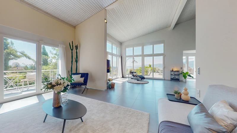 Open living room with glass doors to terrace, balcony with view, modern furniture, beige carpet, white walls, large windows, decorative objects