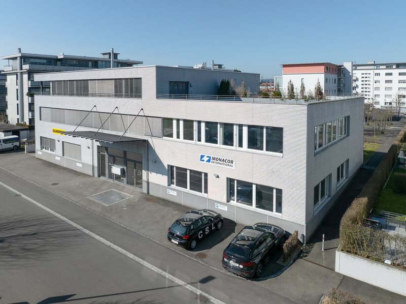 Industrial building, Monacor International logo, car parked, white exterior, modern design, large windows, metal roof, surrounded by parking lot